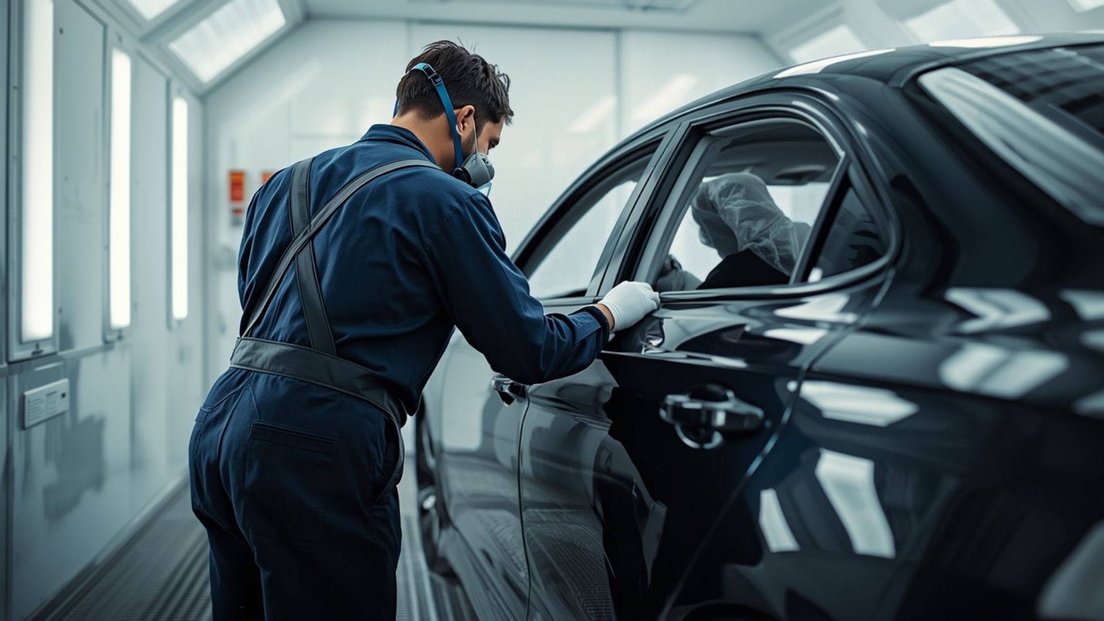 Painter checking a black car's door panel in a paint booth