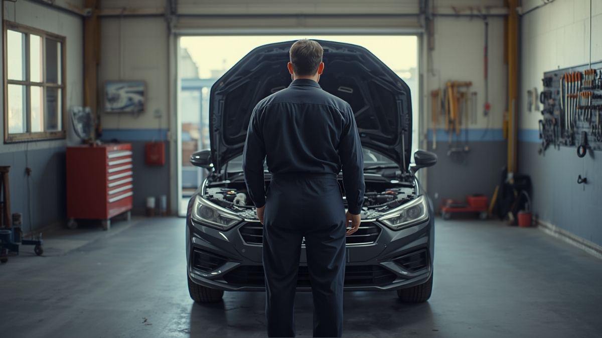 Mechanic in navy overalls standing at the open bonnet of a grey car